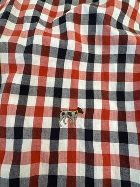 Red and Navy Gingham Button-Up Shirt with Embroidered Dog